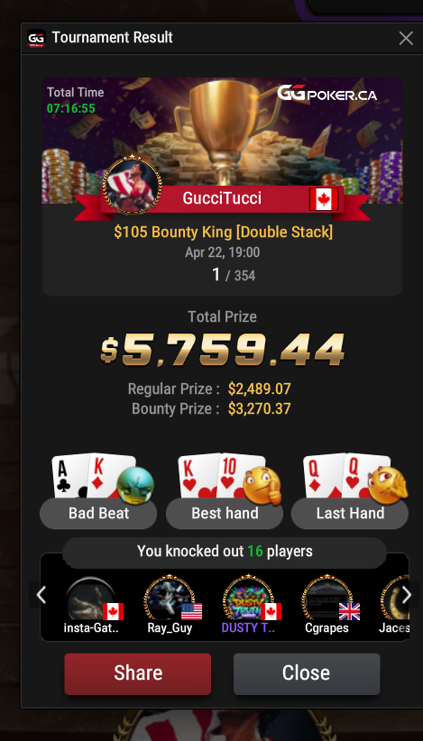 GGPoker $105 Bounty King Double Stack - $5,759 - 1st/354